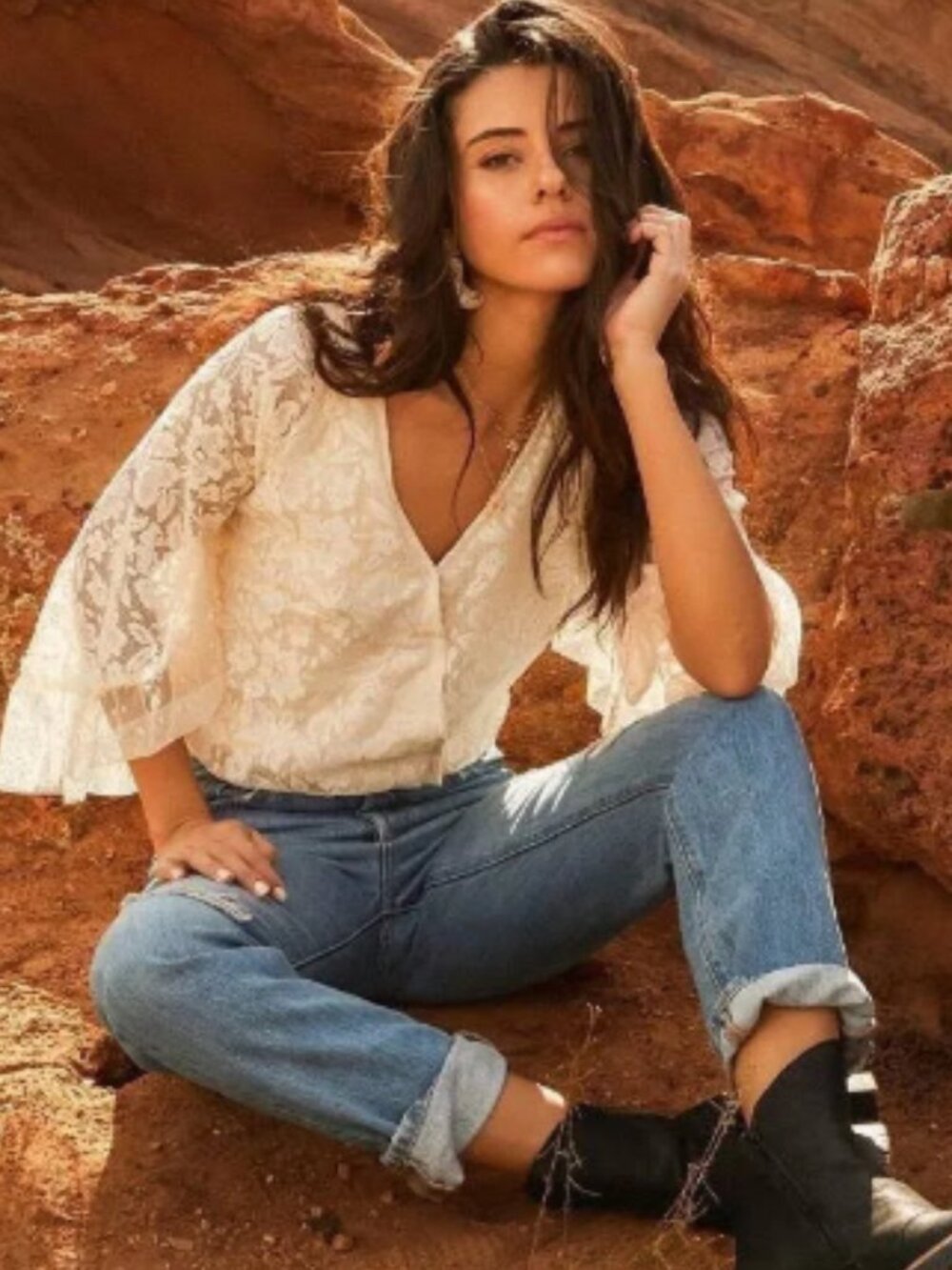 Buckle Daytrip Cream Lace Boho Western Flutter Sleeve Romantic Blouse Sz Medium